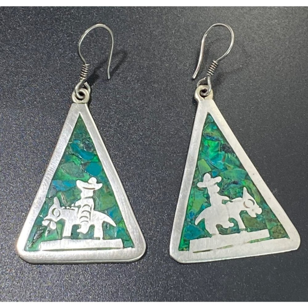 Taxco Mexico 925 Earrings Turquoise Inlay Man Riding Donkey Artist JGC - Picture 5 of 7